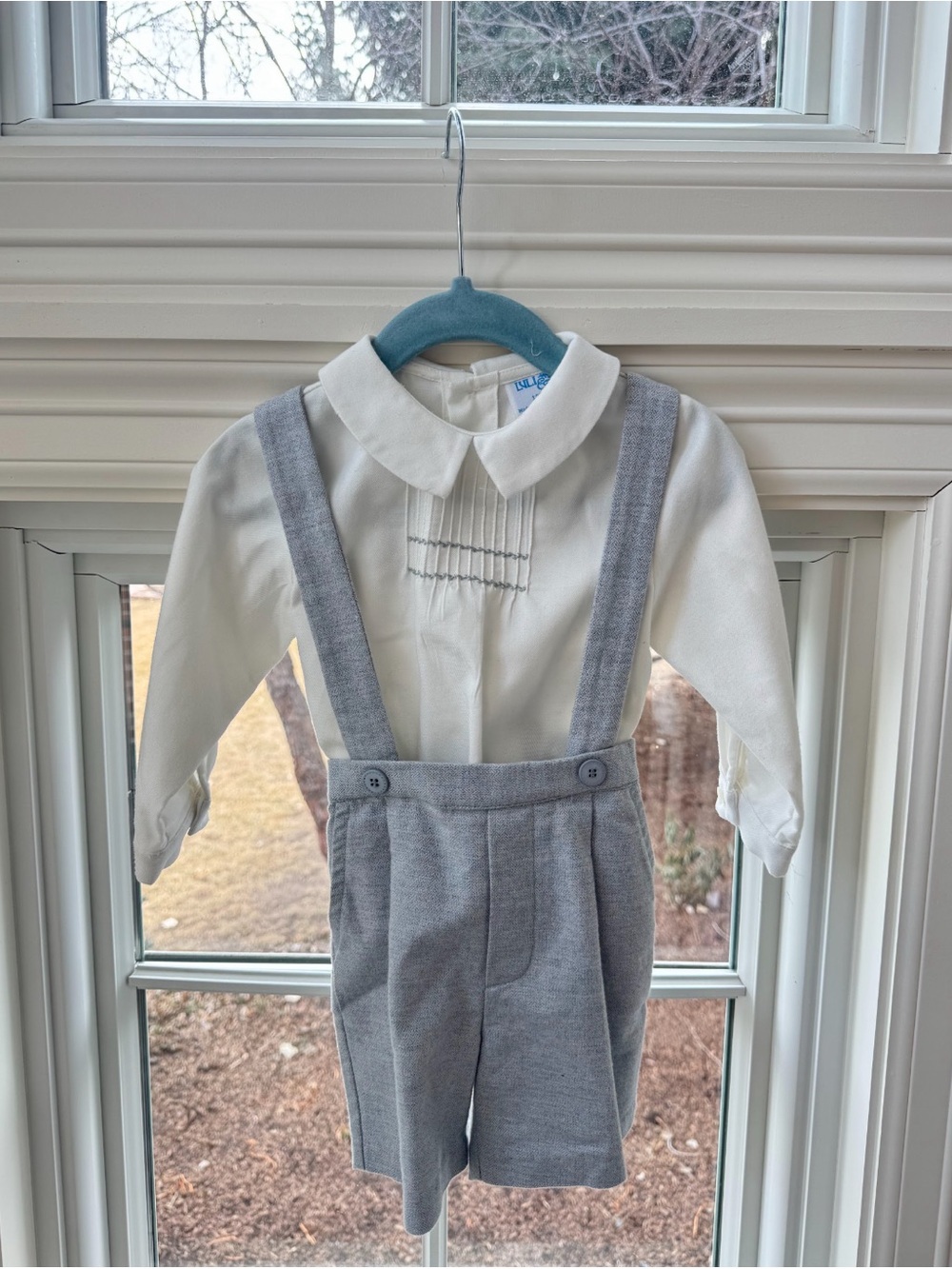 Luli & Me White Top with Gray Suspender Shorts